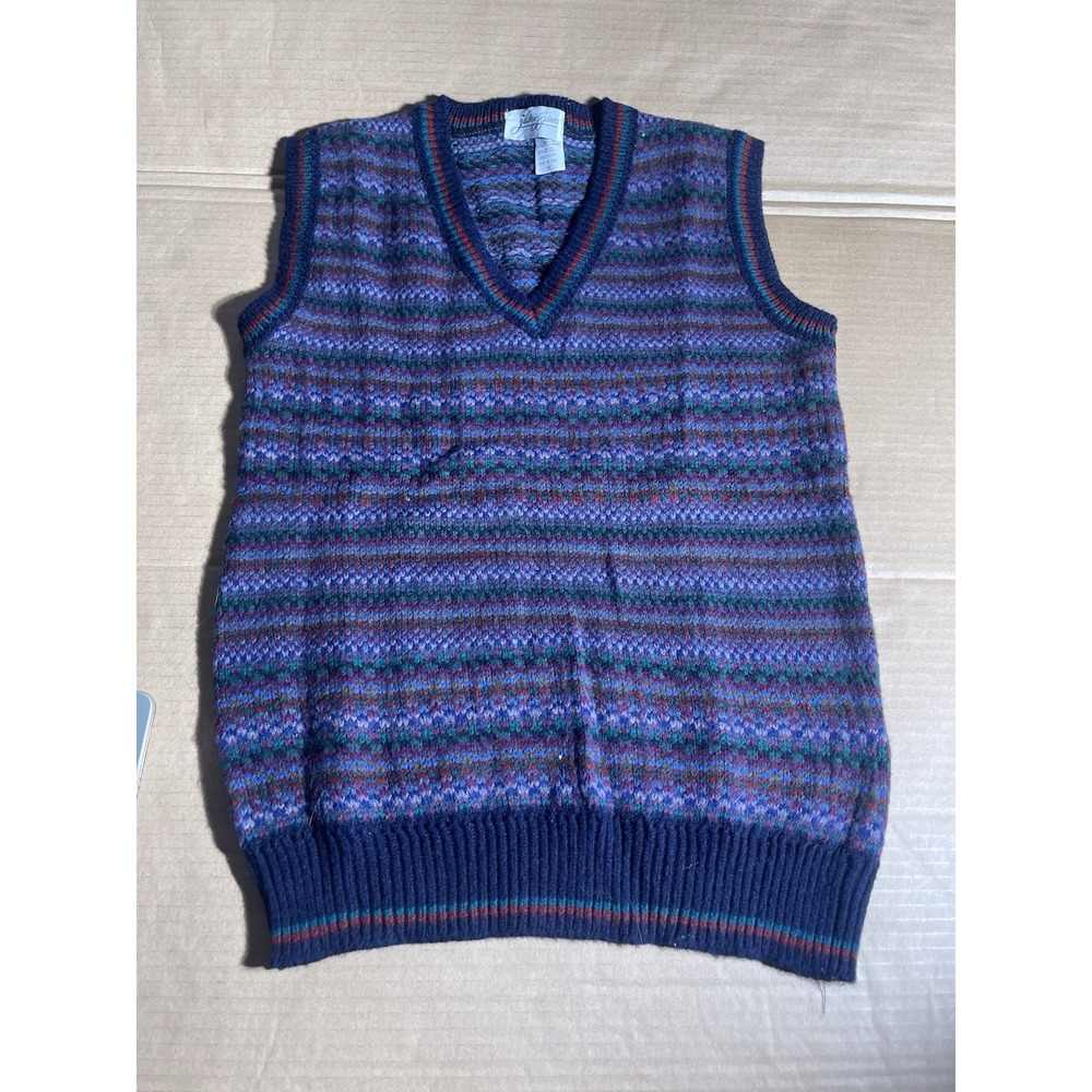 Vintage 80s J.A. Higgins Italy Granny Knit Sweater Blue Teal Purple Pattern Sz M